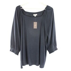 J.Jill Square Neck Top Smocked Cuffs 2X Navy Blue